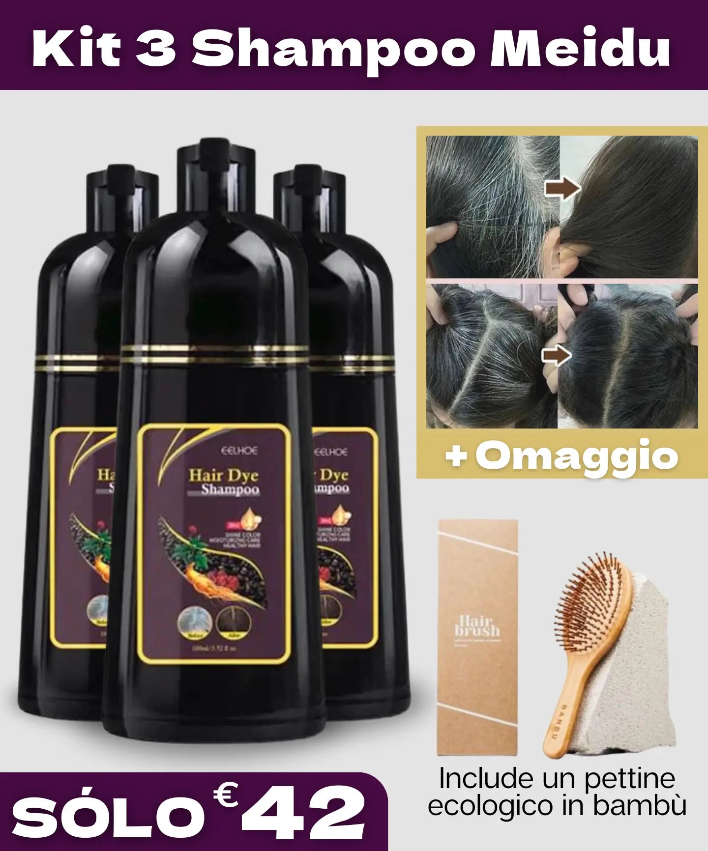 Shampoo 3 in 1 per Capelli Grigi + Pettine Ecologico in Bambù in Omaggio The box Italy